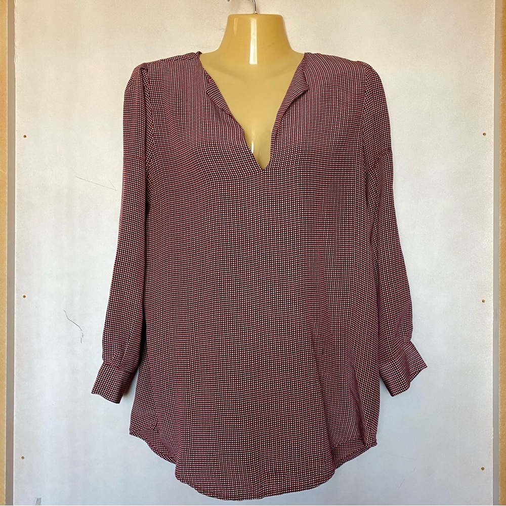 Joie Red Micro Plaid Pattern Long Sleeve Silk Blouse Pullover